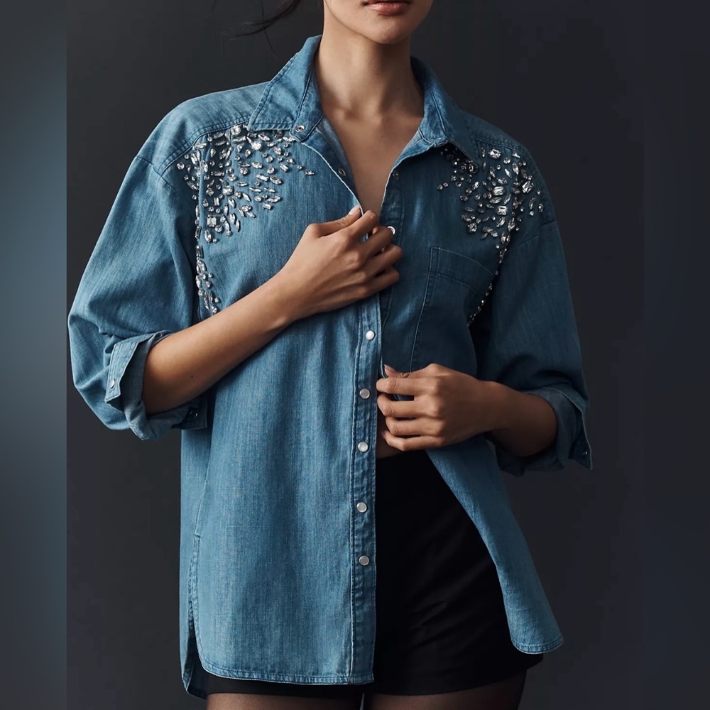 Anthropologie Pilcro Rhinestone Crystal denim shirt snap buttons XS oversized